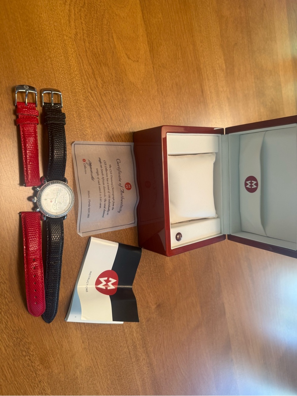 Michele Women's Chronograph Watch with diamond face- black/red strap